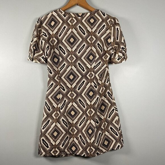 Geometric Print Dress Short Sleeve V Neck Brown Black White Mini Retro Preppy - Picture 4 of 9